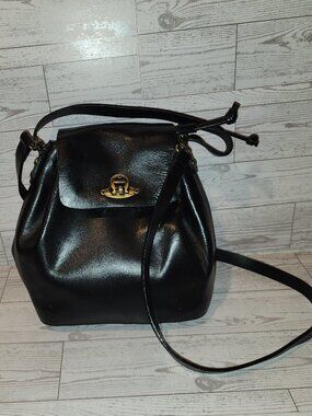 Vintage AIGNER 50 Years Black Leather Bucket Crossbody Bag Gold Turn Lock